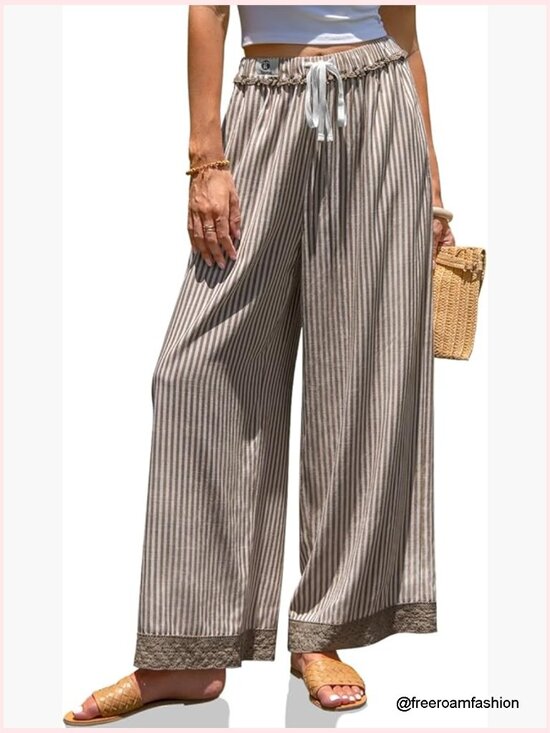 Pants - Womens Striped Lounge Pants Wide Leg Loose Fit Drawstring Casual Boho Summer
